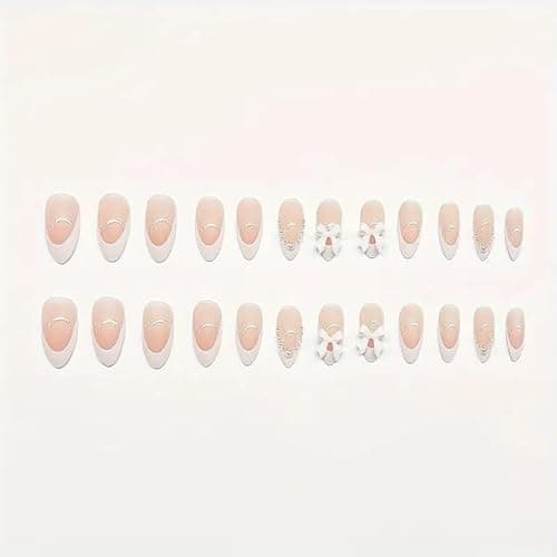 Almond Press on Nails Medium Fake Nails White French Tip False Nails with 3D Bow Charms Design Glue on Nails Pearl Full Cover Stick on Nails Elegant Artificial Nails for Women Manicure 24Pcs thumbnail 3