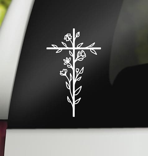 Cross Decal | Floral Cross Decal | Christian Religious Vinyl Sticker | Cross Car Decal Bumper Sticker Window Laptop Tumbler Decal | 4" x 6.5" Size White | Made in USA | DECALBUNNY - Image 1
