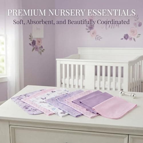 EVERYDAY KIDS 12 Pack Burp Cloths for Baby Girl; Newborn Essential with - Large Absorbent Cotton Flannel Purple/Pink Burping Cloths for Babies with Butterfly, Floral and Rainbow Prints and Solids thumbnail 4