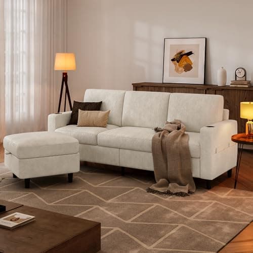 POYISOU Convertible Sectional Couches for Living Room, 3 Seats L Shaped Sofa with Storage Ottoman & 2 Cup Holders, Modern Corduroy Couch Small Sofas for Small Space, Apartment, Office, Beige thumbnail 8