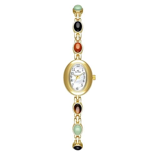 CARLIEN Womens Gold Petite Vintage Colorful Jade Crystals Beaded Waterproof Watch Small Pearl Oval Dial Arabic Numerals Fashion Bracelet Wrist Watch - Image 1