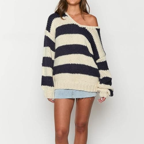 Women Striped Knit Sweaters Oversized Drop Shoulder Long Sleeve Loose Knitted Tops Knit Fall Pullover Tops (A-Navy Blue, S) thumbnail 5