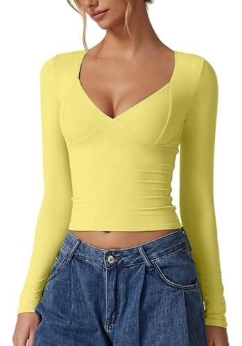 QINSEN Women's Long Sleeve V Neck T Shirts Double Lined Crop Top Seamed Cup Going Out Tops - Image 1