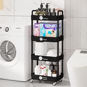 Laiensia 4-Tier Rolling Cart with Wheels,Multifunction Utility Storage Carts, Kitchen Storage Organizer,Mobile Shelving Unit for Bathroom,Laundry,with Classified Stickers,Black thumbnail 2