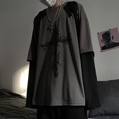Goth Shirt Gothic Shirt Fake Two-Piece Alternative Clothing Goth Long Sleeve Top Grunge Clothes thumbnail 3