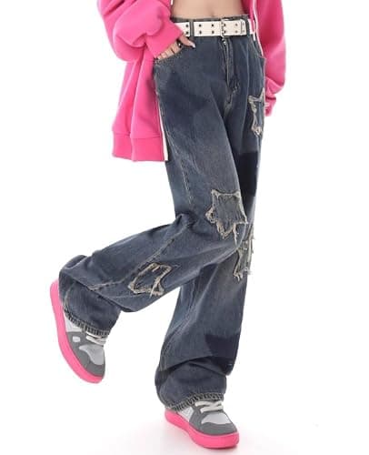 Lafaguw Cute Jeans for Women Girls Star Patchwork Pants High Waisted Straight Leg Jean Casual Preppy Clothes thumbnail 2