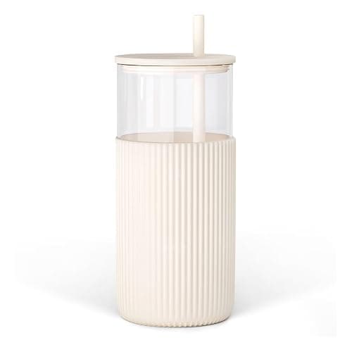 SANDJEST Glass Tumbler with Straw and Lid, Glass Water Bottle with Silicone Sleeve 20oz, Smoothie, Iced Coffee Cup, Gifts for Women Teen Girls Birthday Christmas (Cream) - Image 1