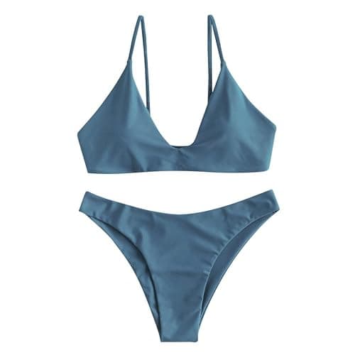 ZAFUL Women's Tie Back Padded High Cut Bralette Bikini Set Two Piece Swimsuit thumbnail 2