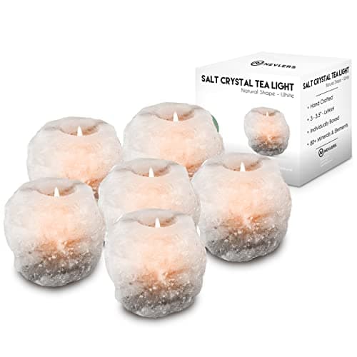 Nevlers 6 PK White Himalayan Salt Tea Candle Holder |2.5 lbs Natural Boho Candles Tealight Holder |Hand Crafted Salt Rock Tea Light Holder |Perfect Tea Light Candle Holders for Altar Decor - Image 1
