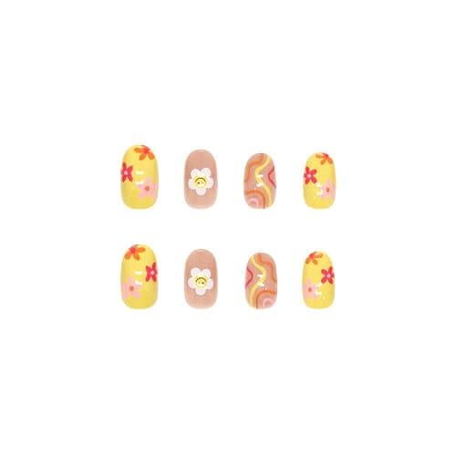 Oval Press on Nails Short Round Fake Nails Cute Acrylic Nails with Swirl Flower Designs Stick on False Nails Full Cover Yellow Nude Nails for Women Girls 24pcs thumbnail 5