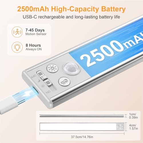 Gritin 14.7inch Under Cabinet Lighting Rechargeable 2 Pack- 3 Color Temps&5 Level Brightness, Super Bright, 4 Modes, Motion Sensor, Long Lasting - Easy Installation Magnetic Under Closet Lights-Silver thumbnail 8