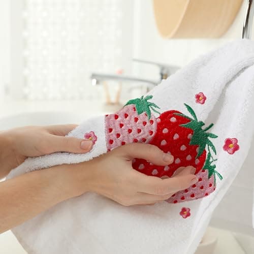 Yanhuecui Strawberry Hand Towels for Bathroom Set of 2, Strawberry Bathroom Decor, Spring Pink Cotton Soft Embroidered Towels for Kitchen Bath 14x30 Inches, Summer Decorations Hand Towels Gifts thumbnail 7
