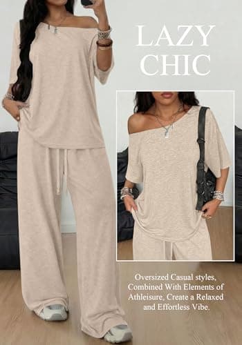 TDCoool Women's 2 Piece Matching Lounge Set Off The Shoulder Short Sleeve Top Wide Leg Sweatpants Set Casual Loungewear thumbnail 6