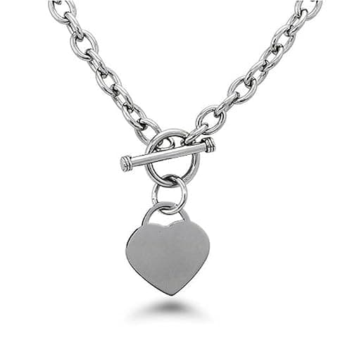 High Polished Stainless Steel Heart Charm Cable Chain Necklace with Toggle Clasp Silver Length 16"- 25" - Image 1