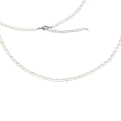 Pearl Necklace for Women and Girls, Handmade 14” Choker with Tiny White Freshwater Pearls, Silver Clasp, and 3” Adjustable Chain, Cute Trendy Layered Necklaces - Image 1