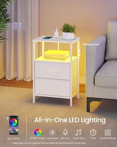 SONGMICS BELLAH Collection - Nightstand with Charging Station and App-Controlled Adjustable LED Lights, Bed Side Table, 2 Drawers and 1 Open Shelf, Modern, Cloud White and Snow White ULGS302WH01S thumbnail 5