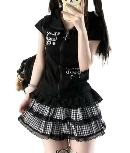 GOTHPICKUS Kawaii Y2K Cute Print Hoodies For Women Short Sleeves Cat Ears Hoodie Kawaii Zip Up Casual Slim Fit Outfits - Image 1