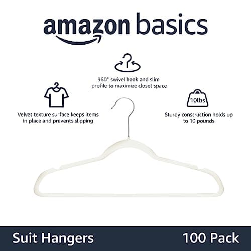Amazon Basics Slim Velvet Non-Slip Space Saving Suit Clothes Hangers for Closet Organization, Ivory/Beige, 100-Pack thumbnail 2