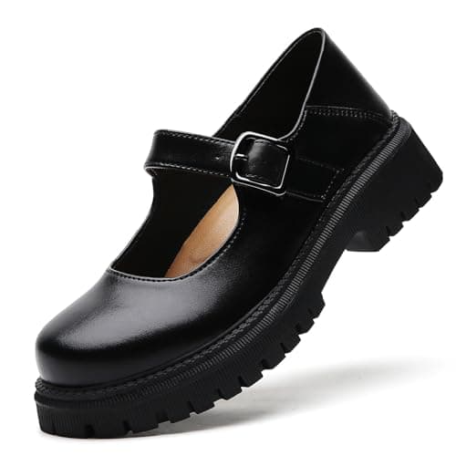 XMM Mary Jane Shoes Black Platform Chunky Mary Janes for Women Ladies Comfort Leather Round Toe Non-Slip Ankle Strap Dressy Casual Cute Girls Kawaii Lolita School Trendy Work Shoes US 9 - Image 1