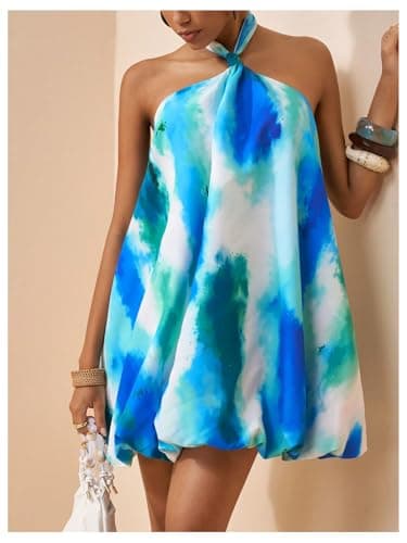 Milumia Women's Tie Dye Halter Bubble Dress Backless Sleeveless A Line Flowy Mini Dresses Multicolor Small thumbnail 4