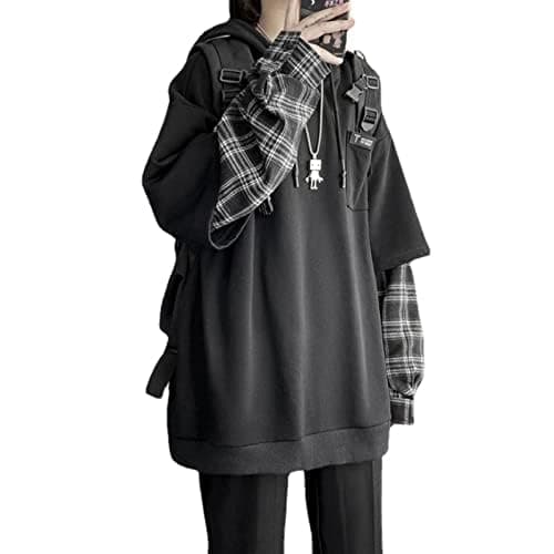 YUESUO Emo Streetwear Vintage Hoodie Women Men Oversized Sweatshirt Punk Patchwork Pullovers Grunge Plaid Hoodie Clothes thumbnail 2