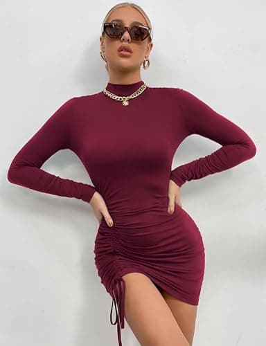 Rongseng Robe Moulante à Manches Longues Sexy Chic pour Femmes - Mini Cordon De Serrage Plissée Courte Décontractée - Mode Élégante pour Soirée Cocktail Party Automne Hiver thumbnail 4