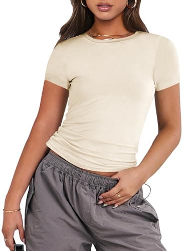 ANRABESS Women’s 3 Pack Short Sleeve Shirts 2026 Crop Tops Tight Fitted Basic Tees Workout T Shirts Y2k Clothes Summer Outfit Black White Apricot X-Small thumbnail 2