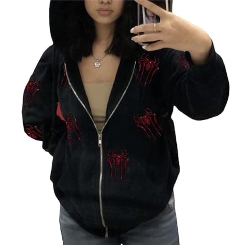 CEINOM Rhinestones Red Spider Y2k Hoodie Men Women Full Zip Up Hoodie Oversized Jacket Black Gothic Punk Sweatshirts thumbnail 2