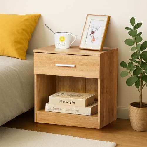 Karl home Bedside Table for Bedroom, Modern Natural End Table with 1 Drawer & Shelf, Wood Nightstand for Bedroom, End Table for Living Room near Sofa, Side Table, Metal Handle thumbnail 5