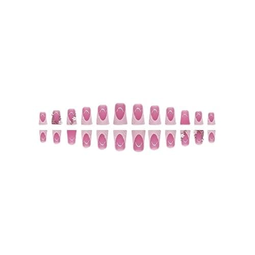French Tip Press on Nails White Fake Nails Short Nail with Rhinestone Design Flower Glue on Nails Glossy Reusable Artificial Acrylic Full Cover False Nail Duck Stick on Nails for Women Manicure 24Pcs thumbnail 2