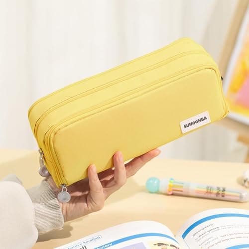 FAHZON Cute Pencil Case, 3 Large Compartments Pencil Pouch, Elastic Pen Slots&Mesh Pockets for Stationery, Pencil Bag for School Supplies with Zipper for Girls Boy Women Teens Adults-Yellow thumbnail 2