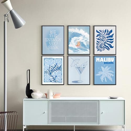 QIYFFBN 6Pcs Blue Coastal Surf Cowgirl Wall Art Vintage Flower Market Canvas Prints Girly Dorm Trendy Preppy Aesthetic Posters Light Blue Cocktail Glass Pictures Wall Decor Unframed (12x16in x6Pcs) - blue - 12x16in Unframed thumbnail 3