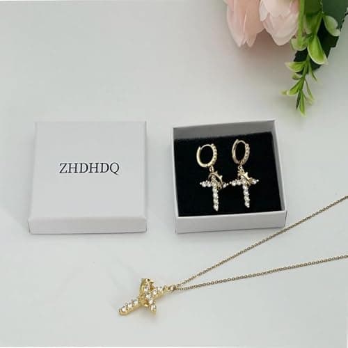 ZHDHDQ Crown Cross Necklace Earring Set for Women,Diamond Dainty 14k Gold Plated Cubic Zirconia Pendant Necklaces and Earring,Trendy Waterproof Non Tarnish Faith Jewelry First Communion Necklace thumbnail 7