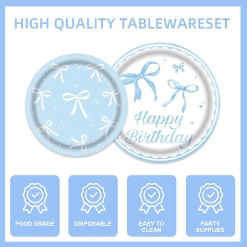 171Pcs Blue Bow Birthday Party Supplies Blue Bow Plates,Banner,Tabelcloth,Cups,Knives,Spoons,Forks,Baby Shower Girls Bow Party Decorations thumbnail 3