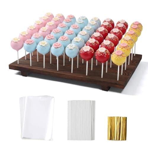 jubilander Wood Cake Pop Stand, 48 Holes Lollipop Stand Holder with 100 Sticks, 100 Wrappers, 100 Ties, Cake Pop Display Stand Board for Baby Shower Birthday Party Wedding Ceremony (L) - Image 1