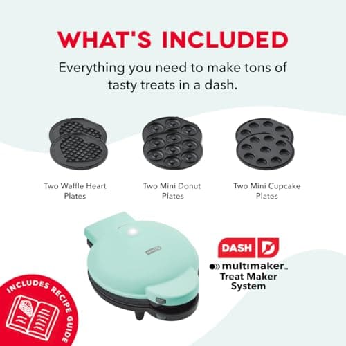 Dash MultiMaker® Treat Maker System - Make Mini Donuts, Cupcakes & Heart-Shaped Waffles - Interchangeable Plate Design - dishwasher safe Parts for Easy Cleanup - Aqua thumbnail 4