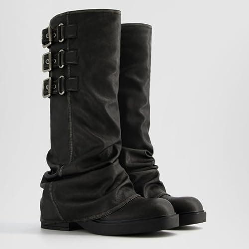ClassicSter Fold Over Knee High Boots Slouch Boots for Women Chunky Goth Platform Boots,2 inch Heel Wide Calf Long Boots Square Toe Riding Boots thumbnail 4