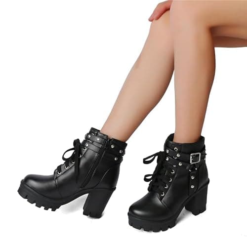 FOREADA Platform Boots For Women Black Chunky Boot Goth Ankle Booties Bead Lace Lolita Dress Shoes With Zipper thumbnail 3