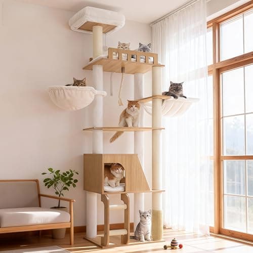 Hey-brother Wooden Cat Tree, 69.7 inch CatsFI urniture Tower with Large Platforms, Hammocks, Spacious Condo, Full Sisal Scratching Posts, Ladder, Brush, Water Proof Surface, White Oak MPJ121BT - Image 1