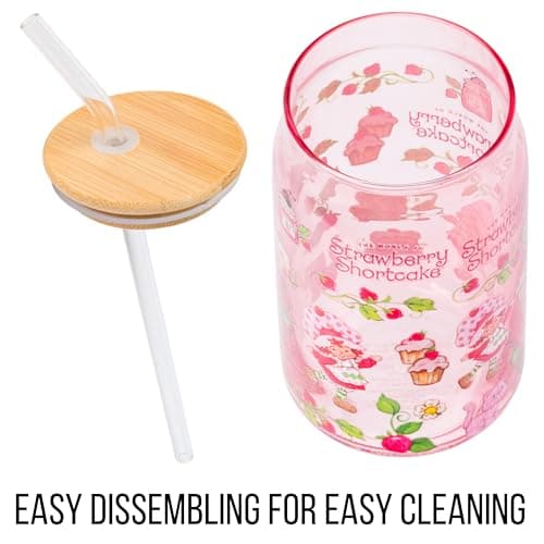 Silver Buffalo Strawberry Shortcake Berry Print Glass Tumbler with Bamboo Lid and Glass Straw Featuring Strawberry Shortcake and Custard, 16 Ounces thumbnail 6