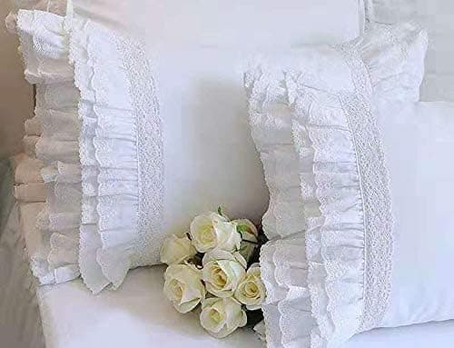 2-Pack White Pillow Shams Shabby Chic Pillowcases with Lace Ruffles Vintage Pillow Covers Cotton Queen Size 20"X30" Luxury Elegant thumbnail 2
