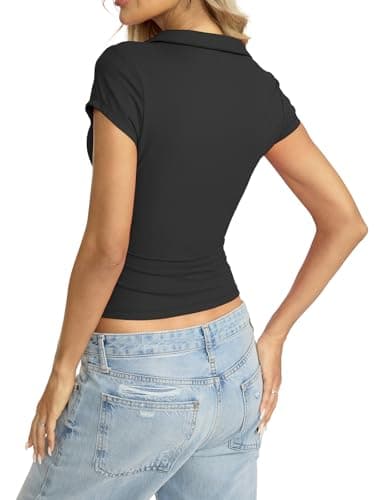 Eachyes Womens Polo Short Sleeve Shirts Golf Collared Summer Tops Tight Business Casual Outfits Sexy V Neck Tee Cap Sleeve Button Down T Shirts Work Going Out Clothes 2026 Black Medium thumbnail 6