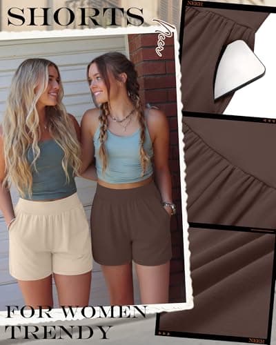 Neer 3 Pack Women's Athletic Shorts Lightweight 5'' High Waisted Elastic Wide Leg Yoga Lounge Casual Workout with Pockets(L,Black,Cream,Dark Brown) thumbnail 5