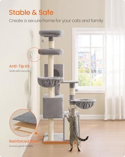 Feandrea Cat Tree, 68.5-Inch Tall Cat Tower, Multi-Level Plush Condo with Large Perch, Scratching Posts, Double Caves, Dove Gray UPCT006G01 thumbnail 6