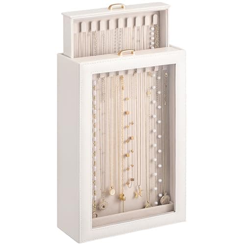 Lolalet Necklace Organizer Box, Jewelry Storage Box with Clear Window for Necklaces Bracelets, Tangle-Free Necklace Display Case for Women Girls, White, 2 Layers 20 Hooks - Image 1