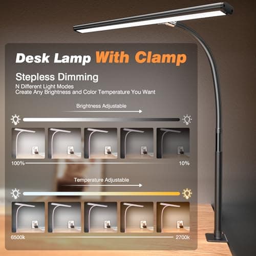 Airlonv LED Desk Lamp for Office Home, Eye-Caring Desk Light with Stepless Dimming Adjustable Flexible Gooseneck, 10W USB Adapter Desk Lamp with Clamp for Reading, Study, Workbench (Black) thumbnail 2