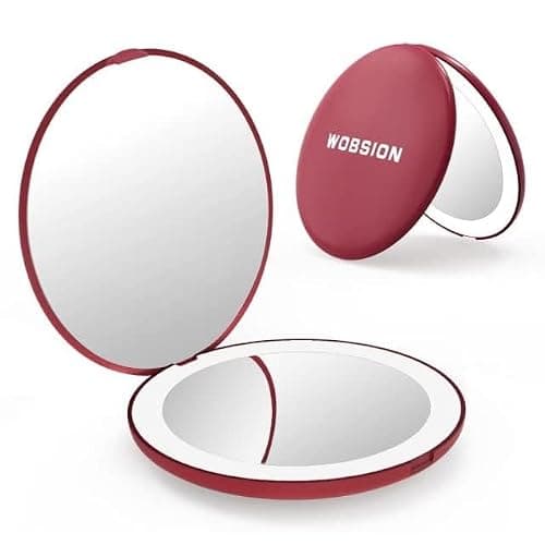wobsion Travel Mirror with Light, 1x/10x Compact Magnifying Mirror,Handheld 2-Sided Pocket Mirror,Led Small Makeup Mirror,3.5in Compact Mirror for Purses,Travel Size Mirror for Handbag,Gift,Wine Red - Image 1