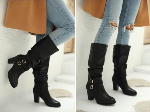 Ermonn Womens Mid Knee High Boots Chunky Heel Slouchy Metal Buckle Side Zipper Fashion Winter Shoes thumbnail 2