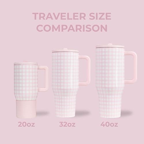 HydroJug Traveler - 32 oz Water Bottle with Handle & Flip Straw - Fits in Cup Holder, Leak Resistant Tumbler-Reusable Insulated Stainless Steel & Rubber Base - Gifts for Women & Men, Pink Gignham - 32oz - Pink Gingham thumbnail 5