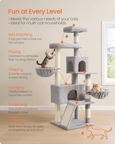 Feandrea Cat Tree, 68.5-Inch Tall Cat Tower, Multi-Level Plush Condo with Large Perch, Scratching Posts, Double Caves, Dove Gray UPCT006G01 thumbnail 4
